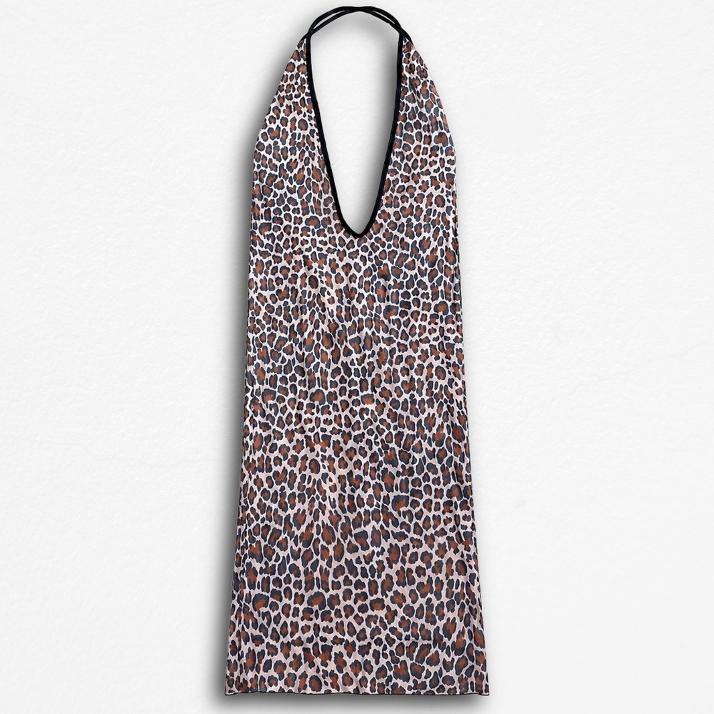 Elegant Moments Leopard Print Halter Chemise Nightgown Deep V Neck Brown Black